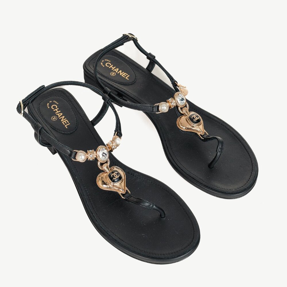 Chanel Cruise 2023 Black Embellished Heart Leather Thong Sandals